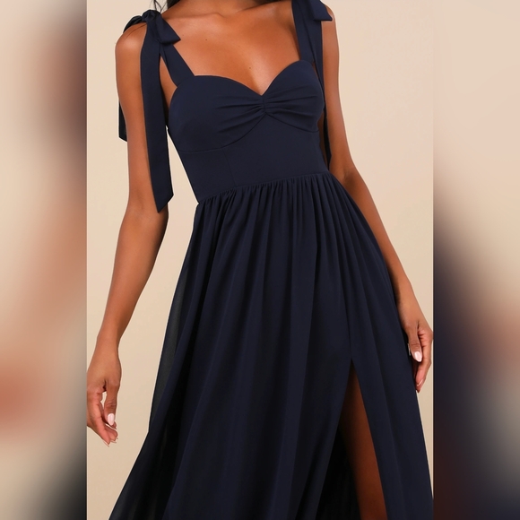 Lulus Radiant Charisma Navy Chiffon Ruched Tie-Strap Maxi Dress - Picture 7 of 11